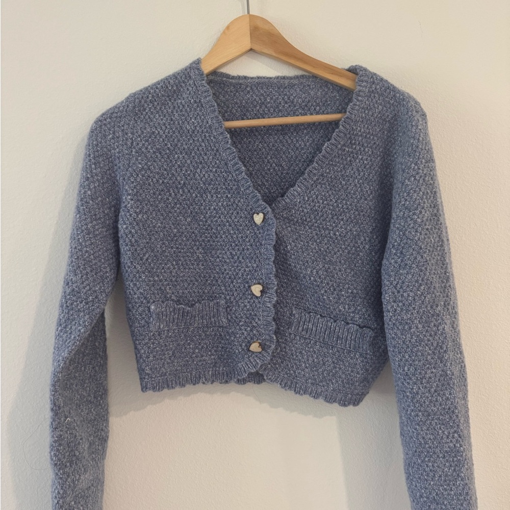 Cider Blue Knit Cardigan with Heart Buttons